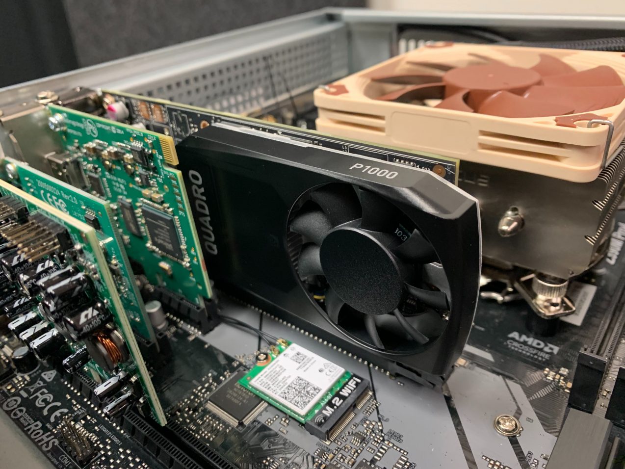 Quadro P1000 graphics card installed inside a rackmount PC