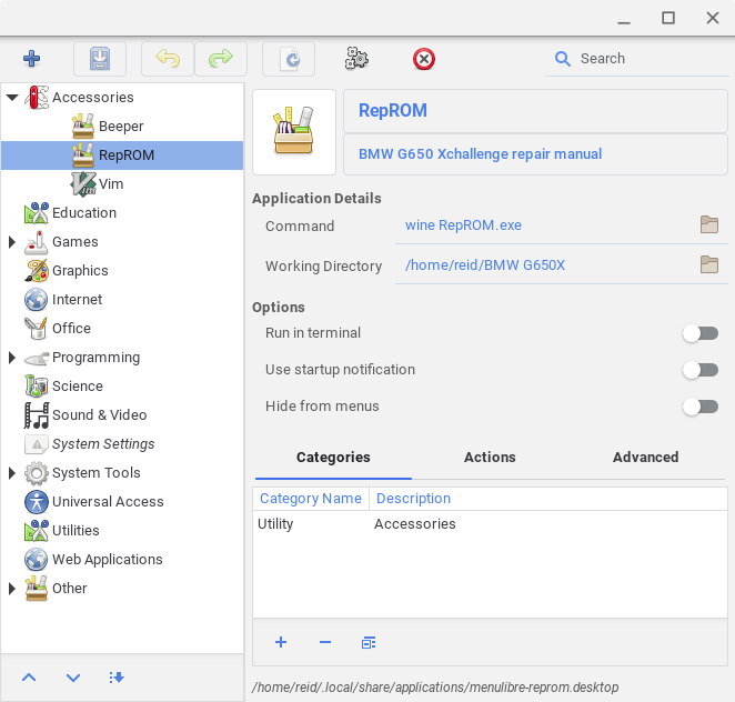 Screenshot of Menulibre with the required values for launching RepROM shown earlier in this blog post