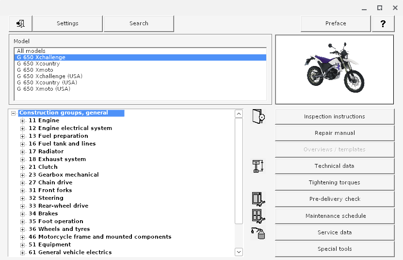 RepROM user interface for the G 650 Xchallenge displaying the main menu and a list of construction groups for repair