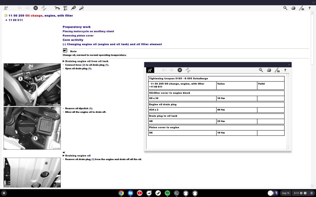Screenshot of the RepROM user interface running on ChromeOS displaying a procedure for oil change with filter