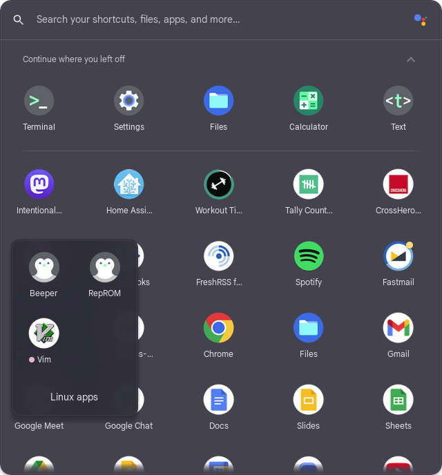 ChromeOS Launcher showing RepROM in the Linux apps folder